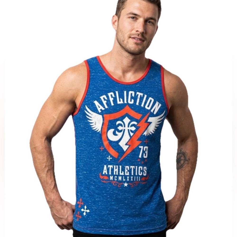 Affliction Men’s Blue & Orange Tank Top Size Medium